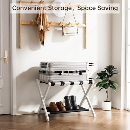 Solid Oak Wood Luggage Rack with Storage, Leather Straps, White, Ideal for Guest Room, Bedroom, Hotel