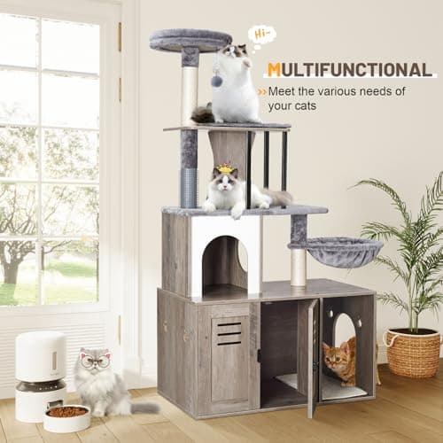 Modern 2-in-1 Cat Tree with Litter Box Enclosure for Indoor Cats, 58.66’’ Wood Condo with Scratching Post and Hammock, Grey