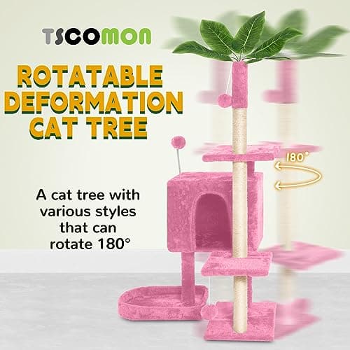 Indoor Cat Tree Tower with Green Leaves and Multi-Level Cozy Plush Condo Scratching Posts, Pink