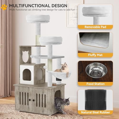 YITAHOME 2-in-1 Cat Tree and Litter Box Enclosure - Modern Indoor Cat Tower with Wood House, Perch, and Hammocks, 59 Inch, Gray