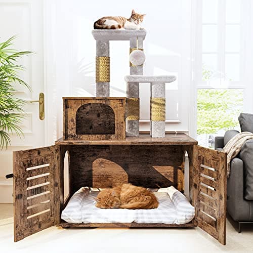 Rustic Brown Cat Litter Box with Tree & Washroom Divider