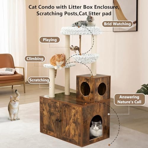 55in Cat Tree with Litter Box Enclosure and Food Station for Cats