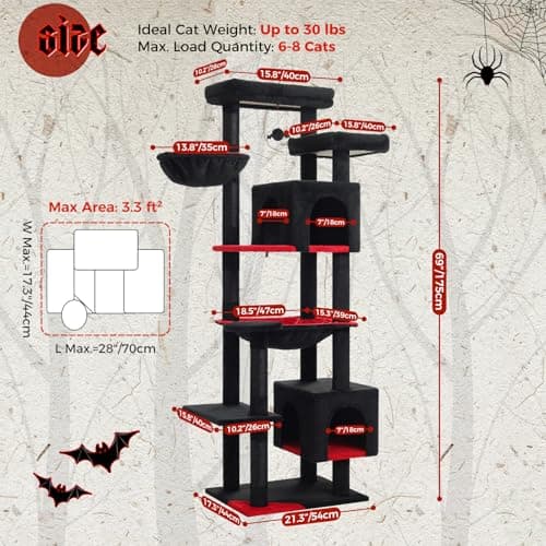 PETEPELA Gothic Cat Tree for Large Indoor Cats, Black with Big Hammock and Scratching Posts