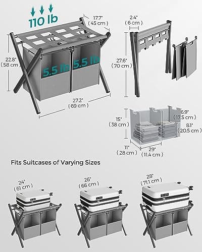 SONGMICS 2 Pack Slate Gray Luggage Racks with Laundry Bag, Foldable for Guest Room Storage URLR008G02