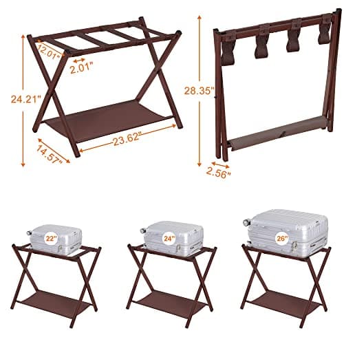 Luggage Rack Set of 2 for Guests, Steel Folding Suitcase Stand with Storage Shelf, Brown