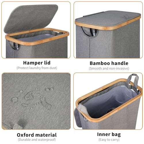 Narrow Laundry Basket with Lid, 60L Grey, Foldable Bamboo Handles, Slim Laundry Hamper
