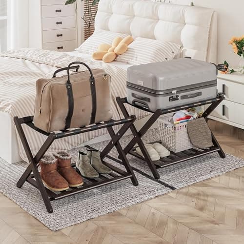 Fully Assembled Bamboo Luggage Stand with Storage, 5 Nylon Straps, Heavy Duty, Natural — Espresso-2pack