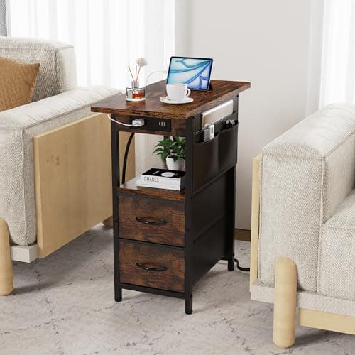 Narrow Side Table with Charging Station for Living Room and Bedroom