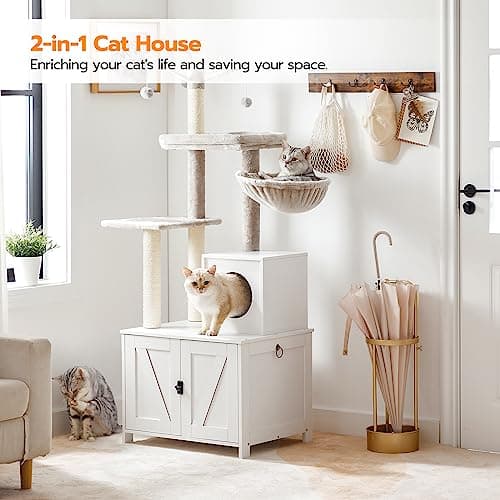 HOOBRO White Cat Tree Tower with Litter Box Enclosure WT15MZ03