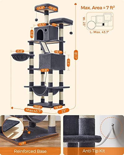 Feandrea Smoky Gray Large Cat Tree with 13 Scratching Posts & 2 Perches UPCT190G01