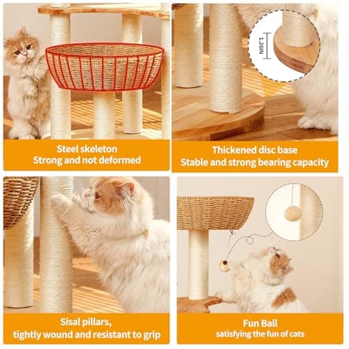 "Luxury Oak Cat Tree Tower for Multiple Cats, Manual Hand Woven, Easy Clean"