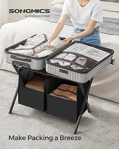 SONGMICS 2 Pack Foldable Luggage Racks with Removable Laundry Bag, Black URLR008B02