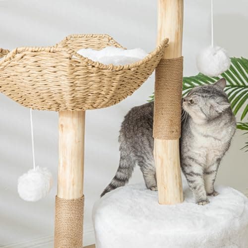 Tall Wooden Cat Tree for Large Cats 46" White with Scratcher.