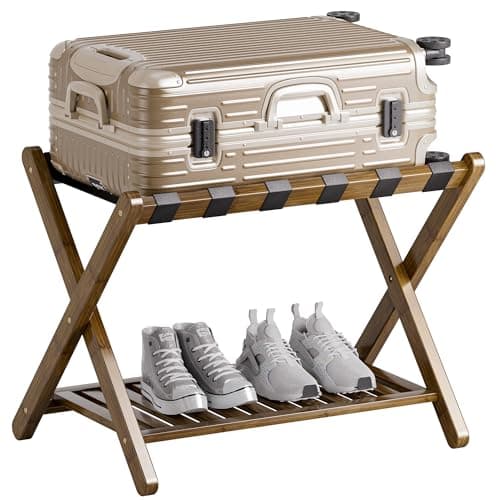 SMIBUY Natural Foldable Bamboo Luggage Rack with Storage Shelf — Walnut