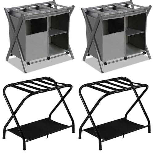 Folding Luggage Rack Set for Bedroom Hotel, Steel Frame, Pack of 2, Black