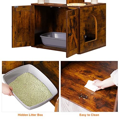 Heybly Cat Tree with Litter Box Enclosure and Food Station, Indoor Furniture for Cats in Modern Style (Rustic Brown)