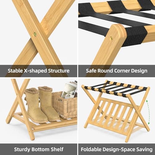 Bamboo Luggage Rack for Guest Room - 2 Pack, 26.77 Folding Suitcase Stand with Storage Shelf (Natural)