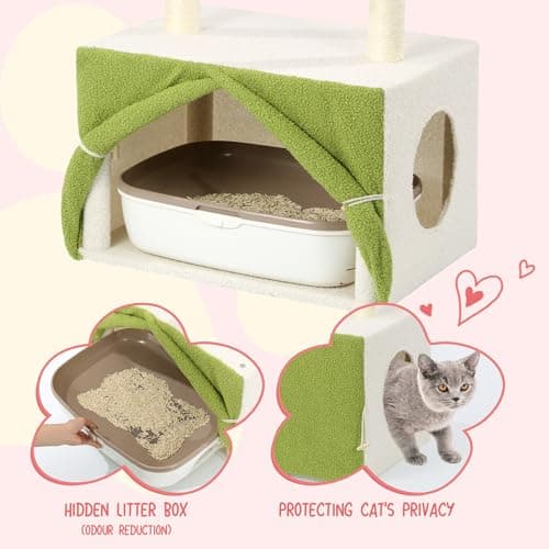 HOMBYS 46 Inch Flower Cat Tree with Litter Box & Storage, Soft Fleece & Sisal