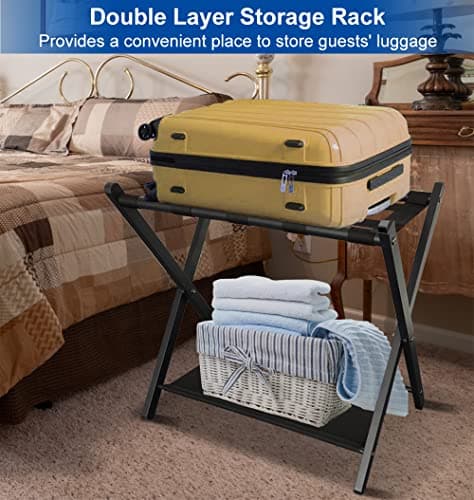 Black Foldable Suitcase Stand with Shelf, Hotel Guest Room Essential, 1 Pack