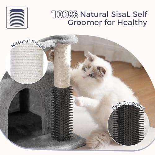 5 in 1 Cat Tree, 32" Tower with Groomer & Hammock-Gray