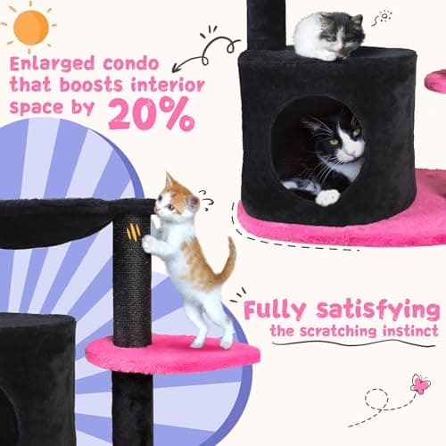 Black Pink Flower Cat Tree for Indoor Cats with Hammock