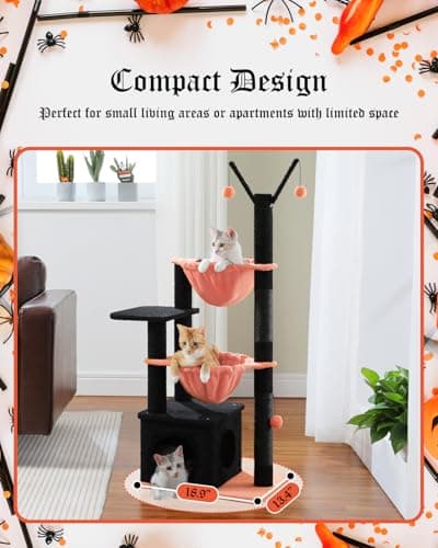 Spooky Gothic Cat Tree with Coffin Condo, 2 Metal Hammocks & Scratching Post, Black Halloween
