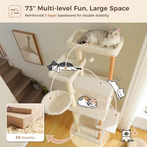 PAWZ Road Large Cat Tree, 73" Tall with 2 Hammocks & 2 Top Beds