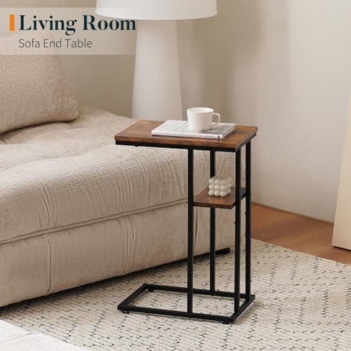 YooBure C-Shaped End Table, Rustic Snack Table for Living Room and Bedroom