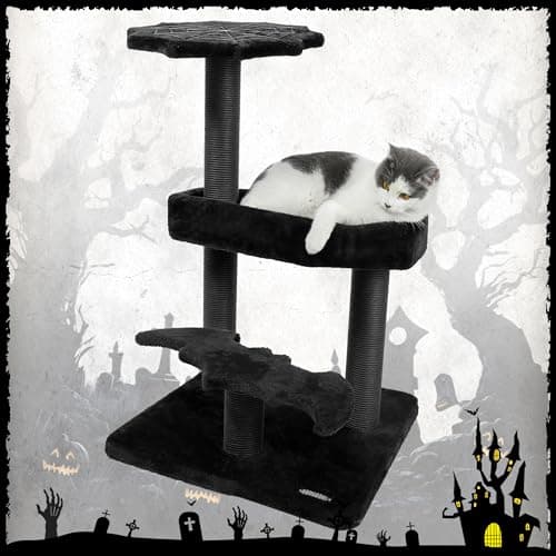 KAMABOKO Gothic Cat Tower with Coffin Bed - 30.3” Black and Red Design for Indoor Cats with Scratching Posts