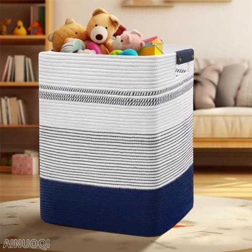 Large Tall Woven Rope Laundry Hamper with Leather Handles - Dark Blue & White