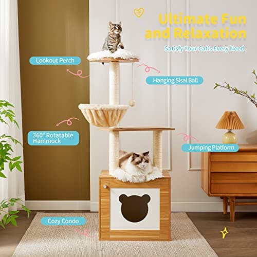 Modern 2-in-1 Cat Tower for Indoor Cats, 48.6 Wood Kitten Condo with Litter Box Enclosure and Scratching Post