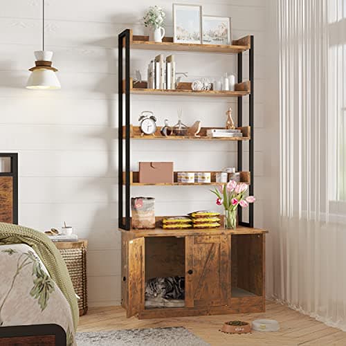IRONCK Large Wood Cat Litter Box with 4 Shelves & Doors, Hidden Storage, Vintage Brown