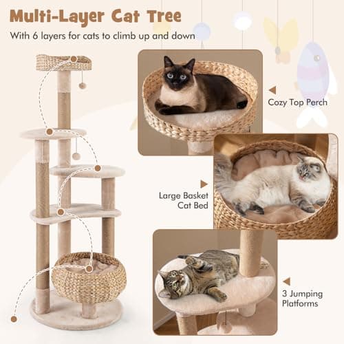 PETSITE 65 inchMulti-Level Cat Tree with Scratching Posts, Cat Bed & Dangling Balls