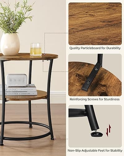 VASAGLE Round End Table with 2 Shelves for Living Room, Bedroom & Nightstand, Rustic Brown & Ink Black