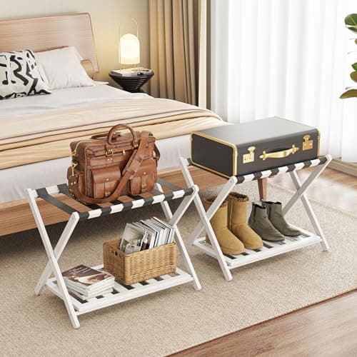 Bamboo Luggage Rack for Guest Room - 2 Pack, 26.77 Folding Suitcase Stand with Storage Shelf (Natural) — White