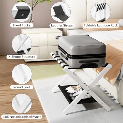 Solid Oak Wood Luggage Rack with Storage, Leather Straps, White, Ideal for Guest Room, Bedroom, Hotel