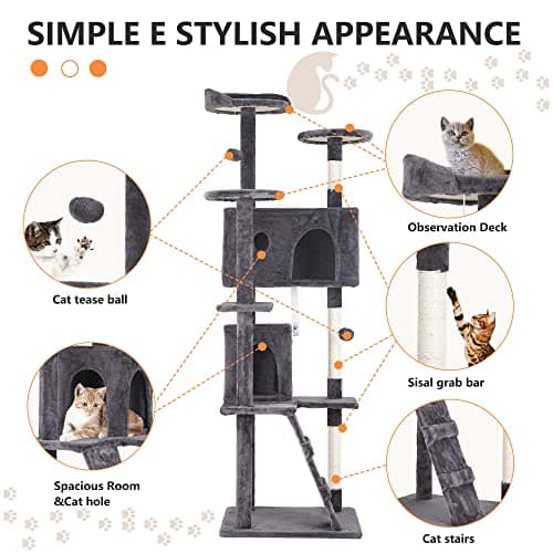 BestPet 70in Cat Tree Tower with Scratching Posts & Toys, Multi-Level Activity Center,Light Gray