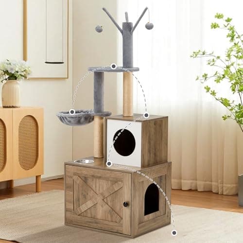 Erinnyees Litter Box with Cat Tree & Hidden Washroom for Indoor Cats
