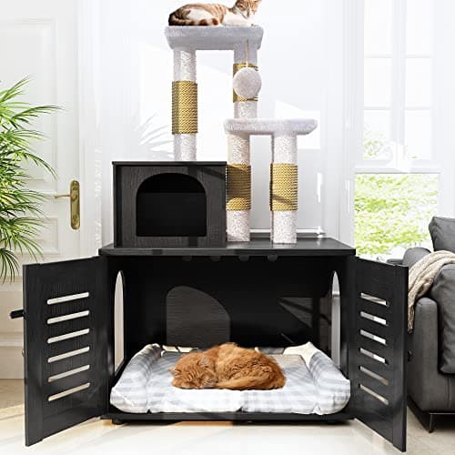 Recaceik Cat Litter Box with Tree, Hidden Washroom & Scratching Post, Black