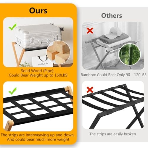 Natural Solid Wood PC Luggage Rack, Storage Shelf, Up to 180 LBS, Easy Assembly, Nylon Straps