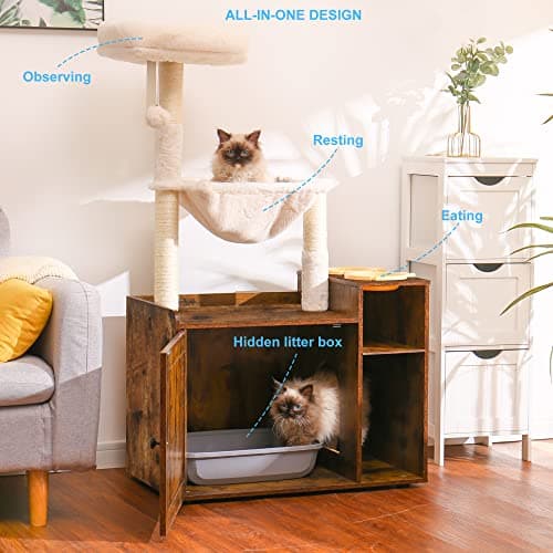 Hey-Brother Cat Tree with XL Litter Box, All-in-One Cat Tower, Modern Rustic Brown MPJ101SR