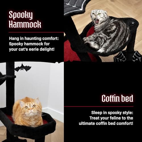Gothic Cat Tree with Coffin Bed & Toys, 35" Tall Black & Red