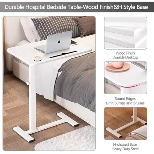 White Adjustable Overbed Table with Hidden Wheels & Cup Holder