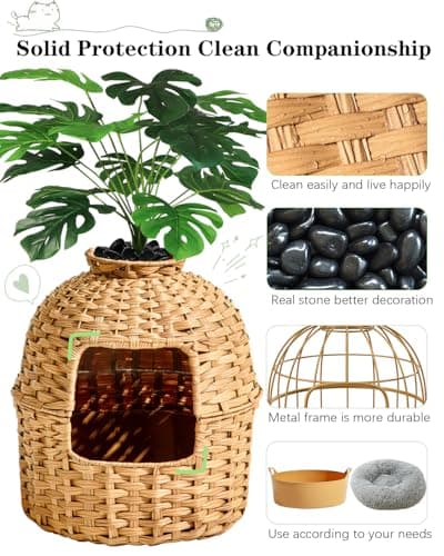 Hidden Handwoven Rattan Cat Litter Box Enclosure with Odor Control, Artificial Plants, Real Stones