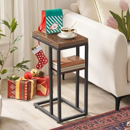 HOOBRO Foldable C-Shaped End Table with Storage, Rustic Brown, BF29SF01