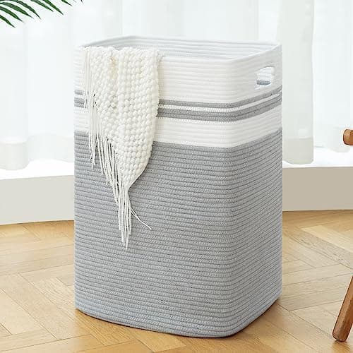 OIAHOMY Collapsible Storage Basket, Tall Cotton Hamper with Handles-Yellow Variegated — Gray