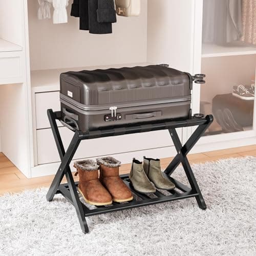 Fully Assembled Bamboo Luggage Stand with Storage, 5 Nylon Straps, Heavy Duty, Natural — Black-1pc