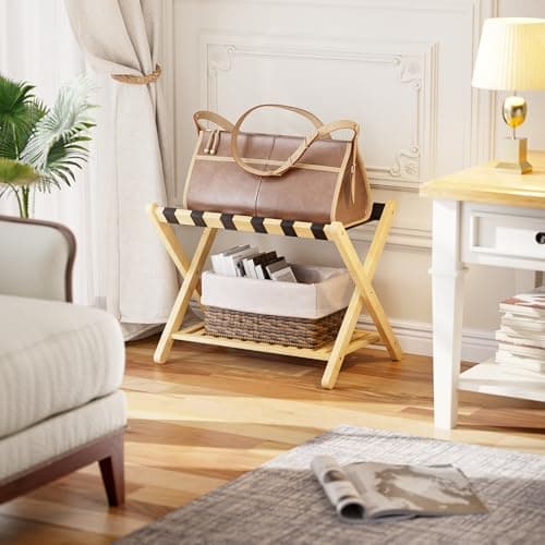 SMIBUY Natural Foldable Bamboo Luggage Rack with Storage Shelf