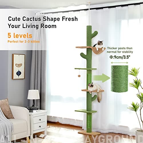 PAWZ Road Cat Tree: Cactus Climbing Tower, 95-108 Inches, 5 Levels, Hammock & Balls
