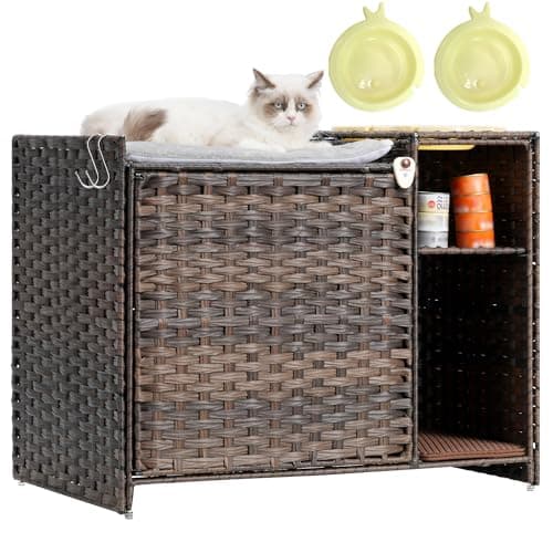 Grey GCLB002G Handwoven Rattan Cat Condo with Litter Box Furniture — Brown